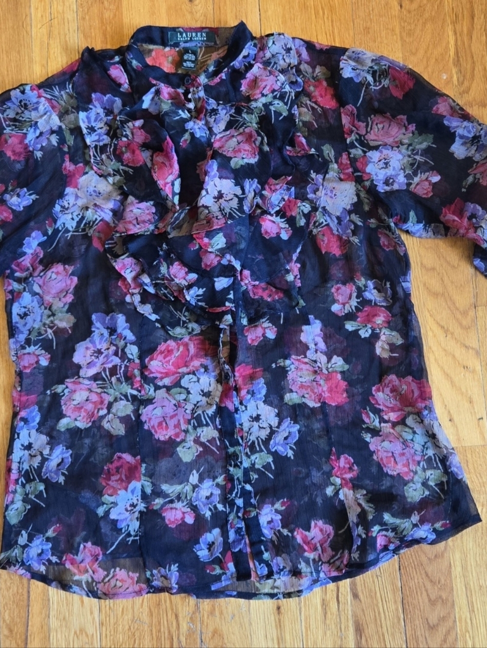Lauren Ralph Lauren Ruffled Front Black Floral Sheer Button Up Blouse Size L